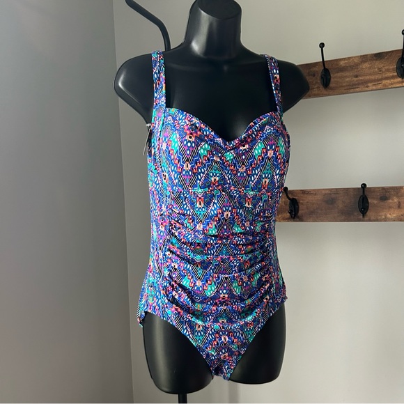 Swim Solutions Women's Tummy-Control Shirred One-Piece Swimsuit (Navy Multi, 12) - Picture 2 of 6